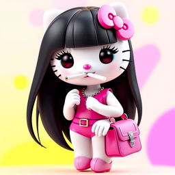 A 3D rendering of Hello Kitty with long, straight black hair and long eyelashes, showcasing her fit petite body with a slim waist and wide hips