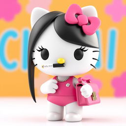 A 3D rendering of Hello Kitty with long, straight black hair and long eyelashes, showcasing her fit petite body with a slim waist and wide hips
