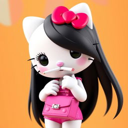 A 3D rendering of Hello Kitty with long, straight black hair and long eyelashes, showcasing her fit petite body with a slim waist and wide hips
