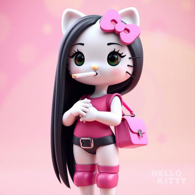 A 3D rendering of Hello Kitty with long, straight black hair and long eyelashes, showcasing her fit petite body with a slim waist and wide hips