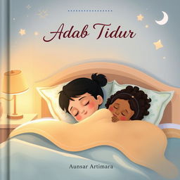 Cover book design for 'Adab Tidur', featuring a serene scene of a child of diverse ethnic backgrounds peacefully sleeping in a cozy bedroom