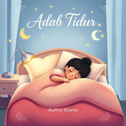Cover book design for 'Adab Tidur', featuring a serene scene of a child of diverse ethnic backgrounds peacefully sleeping in a cozy bedroom