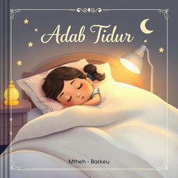 Cover book design for 'Adab Tidur', featuring a serene scene of a child of diverse ethnic backgrounds peacefully sleeping in a cozy bedroom