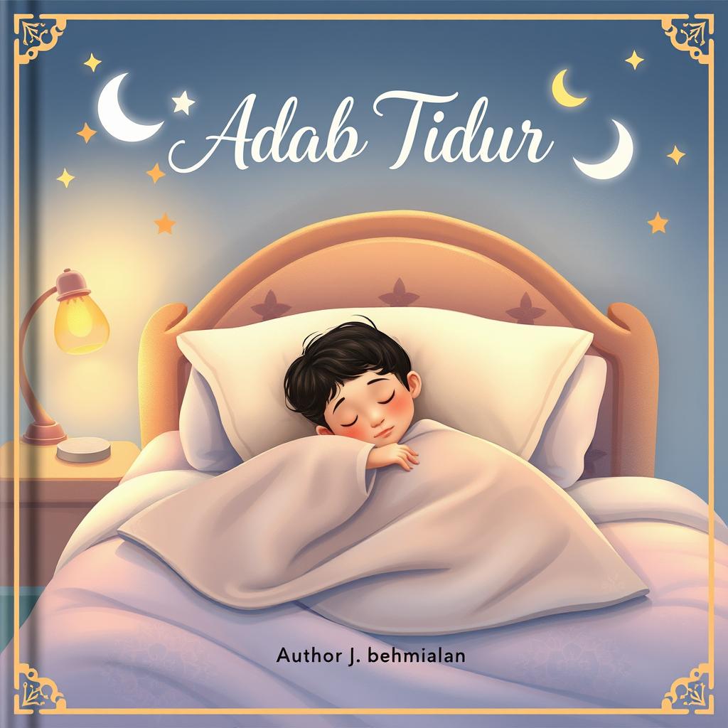 Cover book design for 'Adab Tidur', featuring a serene scene of a child of diverse ethnic backgrounds peacefully sleeping in a cozy bedroom