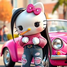 A 3D rendering of Hello Kitty with long, straight black hair enhanced with sparkling glitter, and long eyelashes