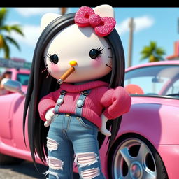 A 3D rendering of Hello Kitty with long, straight black hair enhanced with sparkling glitter, and long eyelashes