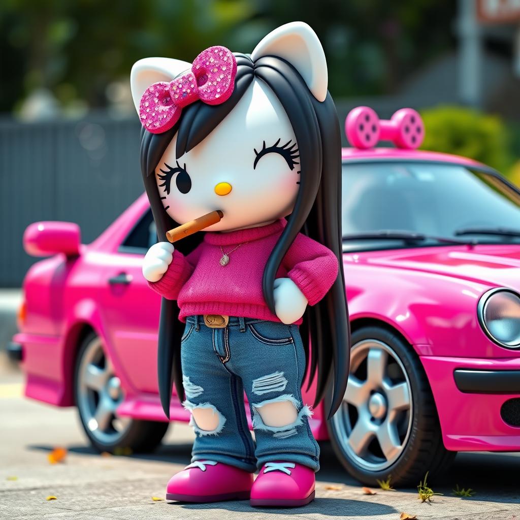 A 3D rendering of Hello Kitty with long, straight black hair enhanced with sparkling glitter, and long eyelashes