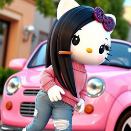 A 3D rendering of Hello Kitty with long, straight black hair enhanced with sparkling glitter, and long eyelashes
