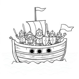 A whimsical and cute illustration of a medieval ship, portrayed in a fun and childish style