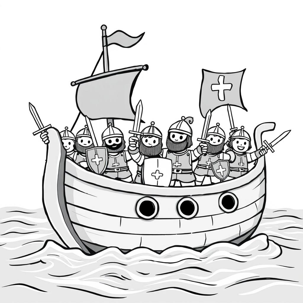 A whimsical and cute illustration of a medieval ship, portrayed in a fun and childish style