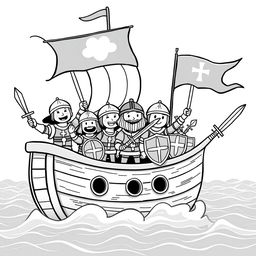 A whimsical and cute illustration of a medieval ship, portrayed in a fun and childish style