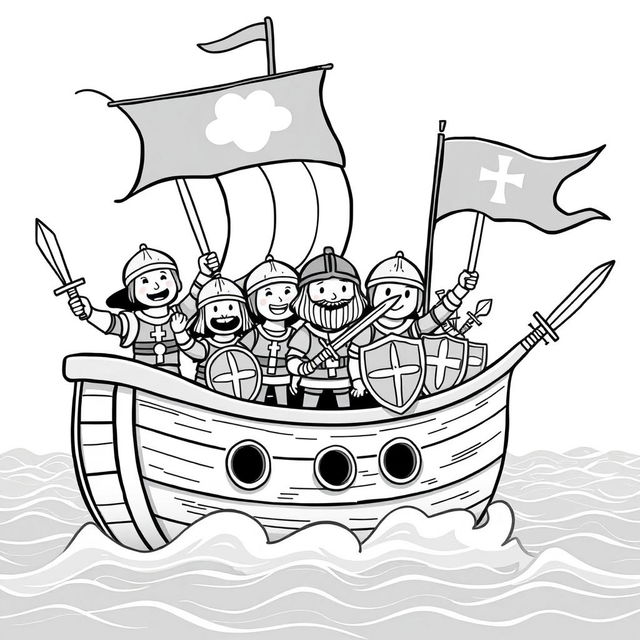 A whimsical and cute illustration of a medieval ship, portrayed in a fun and childish style