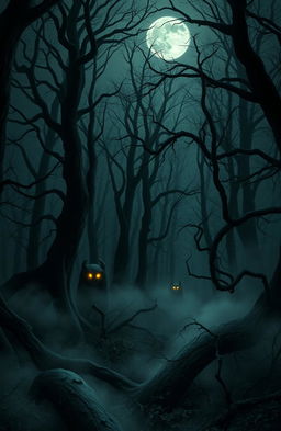 A forbidden forest shrouded in mystery, filled with eerie creatures that make terrifying sounds, their forms never seen