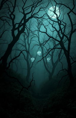 A forbidden forest shrouded in mystery, filled with eerie creatures that make terrifying sounds, their forms never seen