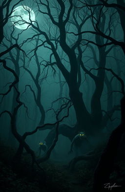 A forbidden forest shrouded in mystery, filled with eerie creatures that make terrifying sounds, their forms never seen
