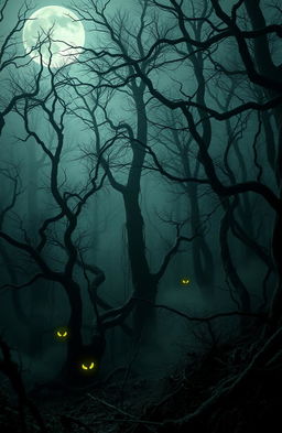 A forbidden forest shrouded in mystery, filled with eerie creatures that make terrifying sounds, their forms never seen