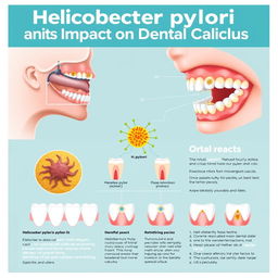 An educational poster illustrating the relationship between Helicobacter pylori and dental calculus