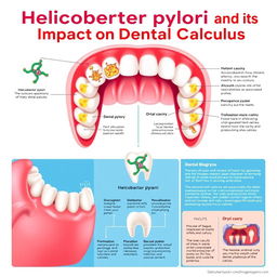 An educational poster illustrating the relationship between Helicobacter pylori and dental calculus