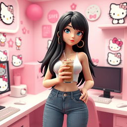 A 3D rendering of Hello Kitty with long black hair, set in a Hello Kitty themed computer room