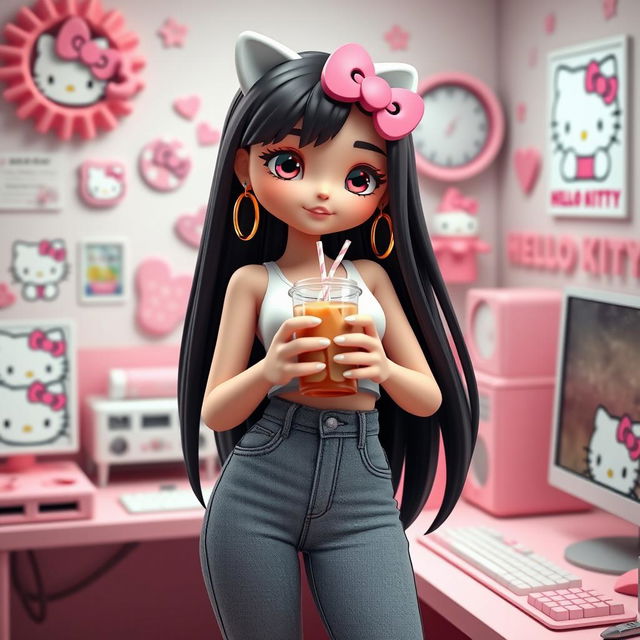 A 3D rendering of Hello Kitty with long black hair, set in a Hello Kitty themed computer room