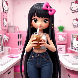 A 3D rendering of Hello Kitty with long black hair, set in a Hello Kitty themed computer room