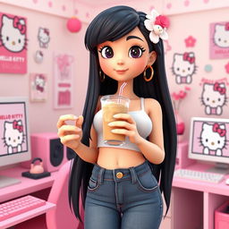 A 3D rendering of Hello Kitty with long black hair, set in a Hello Kitty themed computer room