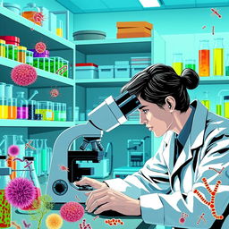 An intricate and detailed depiction of a laboratory setting focused on bacteriology, showcasing a scientist in a white lab coat examining bacteria samples through a high-powered microscope