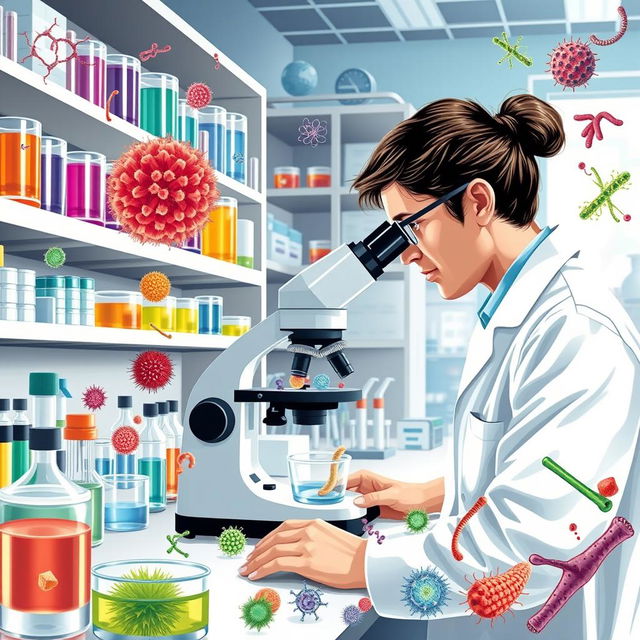 An intricate and detailed depiction of a laboratory setting focused on bacteriology, showcasing a scientist in a white lab coat examining bacteria samples through a high-powered microscope