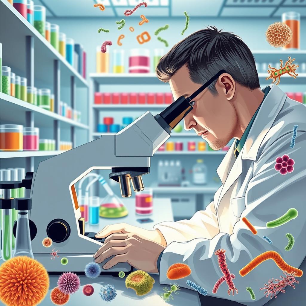 An intricate and detailed depiction of a laboratory setting focused on bacteriology, showcasing a scientist in a white lab coat examining bacteria samples through a high-powered microscope