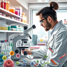 An intricate and detailed depiction of a laboratory setting focused on bacteriology, showcasing a scientist in a white lab coat examining bacteria samples through a high-powered microscope