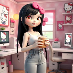 A 3D rendering of Hello Kitty with long black hair in a Hello Kitty themed computer room