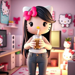 A 3D rendering of Hello Kitty with long black hair in a Hello Kitty themed computer room