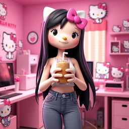 A 3D rendering of Hello Kitty with long black hair in a Hello Kitty themed computer room