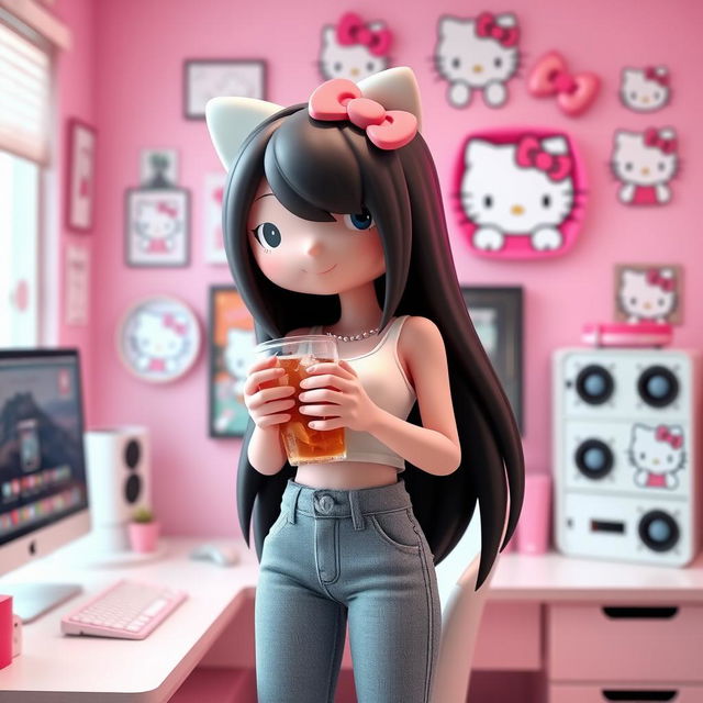 A 3D rendering of Hello Kitty with long black hair in a Hello Kitty themed computer room