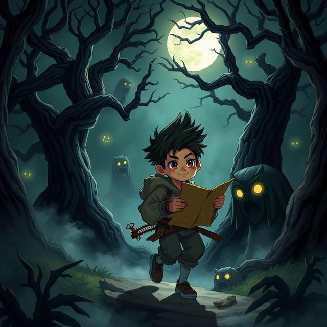 Brave Rizky, accompanied by his friend Wahyu, searching for treasure in a forbidden forest filled with mystery