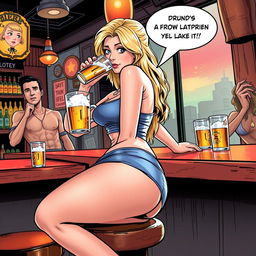 A very realistic comic book style illustration featuring a beautiful, sexy, curvy, innocent blonde girl
