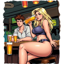 A very realistic comic book style illustration featuring a beautiful, sexy, curvy, innocent blonde girl