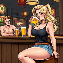 A very realistic comic book style illustration featuring a beautiful, sexy, curvy, innocent blonde girl