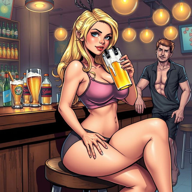 A very realistic comic book style illustration featuring a beautiful, sexy, curvy, innocent blonde girl