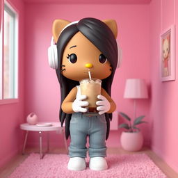 A 3D rendering of a brown Hello Kitty with long black hair, situated in a cozy pink room