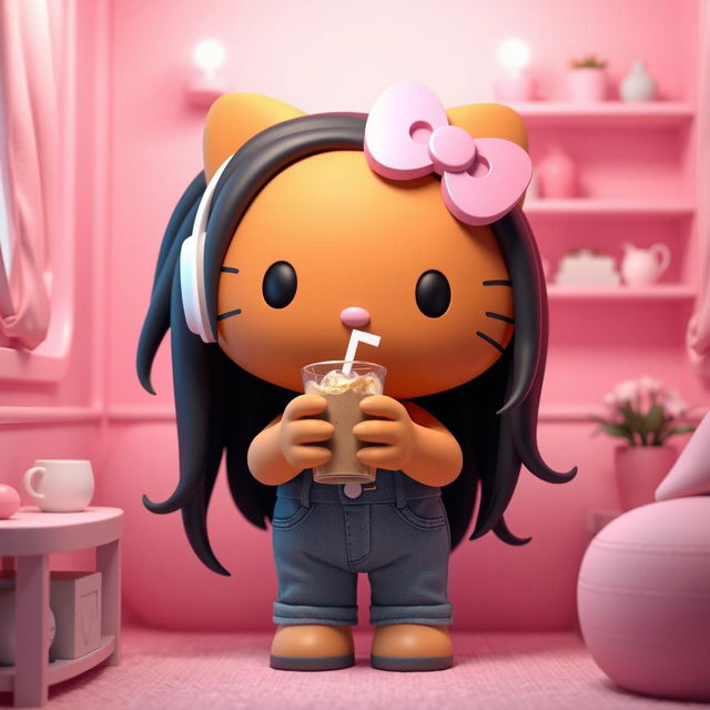 A 3D rendering of a brown Hello Kitty with long black hair, situated in a cozy pink room