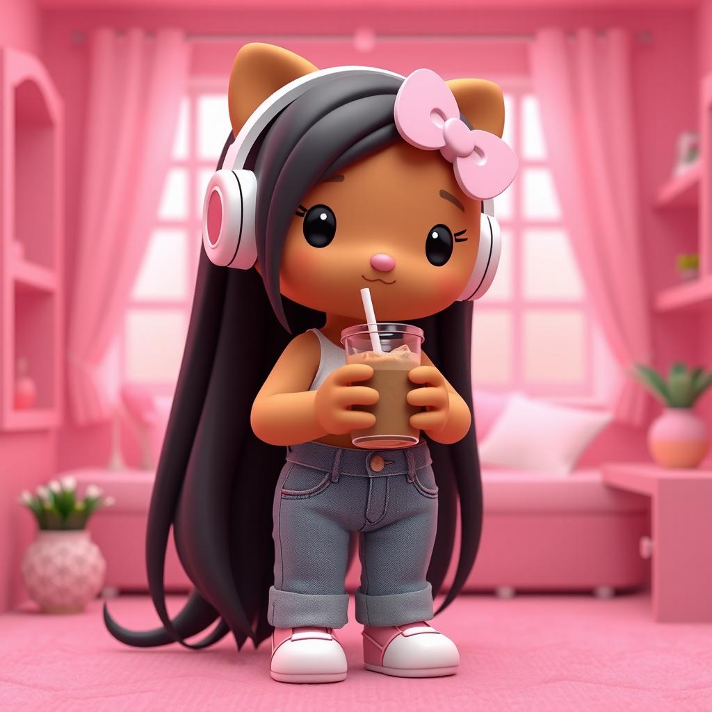 A 3D rendering of a brown Hello Kitty with long black hair, situated in a cozy pink room