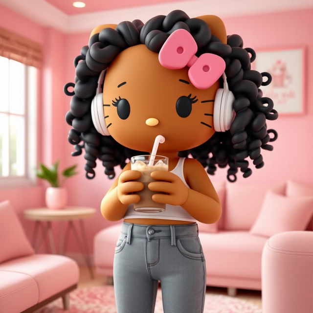 A 3D rendering of a brown Hello Kitty with long curly black hair, situated in a cozy pink room