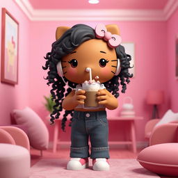 A 3D rendering of a brown Hello Kitty with long curly black hair, situated in a cozy pink room