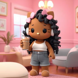 A 3D rendering of a brown Hello Kitty with long curly black hair, situated in a cozy pink room