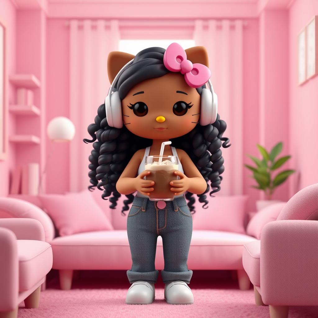 A 3D rendering of a brown Hello Kitty with long curly black hair, situated in a cozy pink room