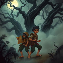 Two village youths, brave Rizky and his friend Wahyu, embarking on a quest to find treasure in a forbidden forest rich with mystery