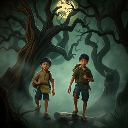 Two village youths, brave Rizky and his friend Wahyu, embarking on a quest to find treasure in a forbidden forest rich with mystery