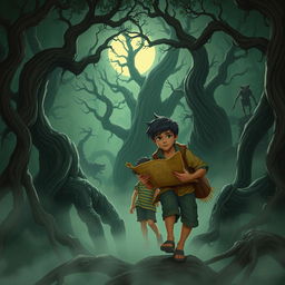Two village youths, brave Rizky and his friend Wahyu, embarking on a quest to find treasure in a forbidden forest rich with mystery