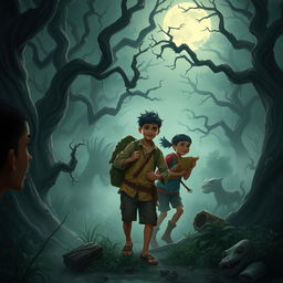 Two village youths, brave Rizky and his friend Wahyu, embarking on a quest to find treasure in a forbidden forest rich with mystery